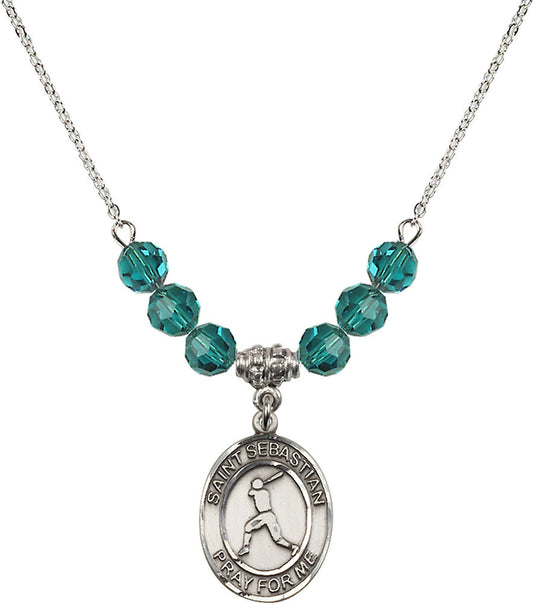 Sterling Silver Saint Sebastian/Baseball Birthstone Necklace with Zircon Beads - 8160
