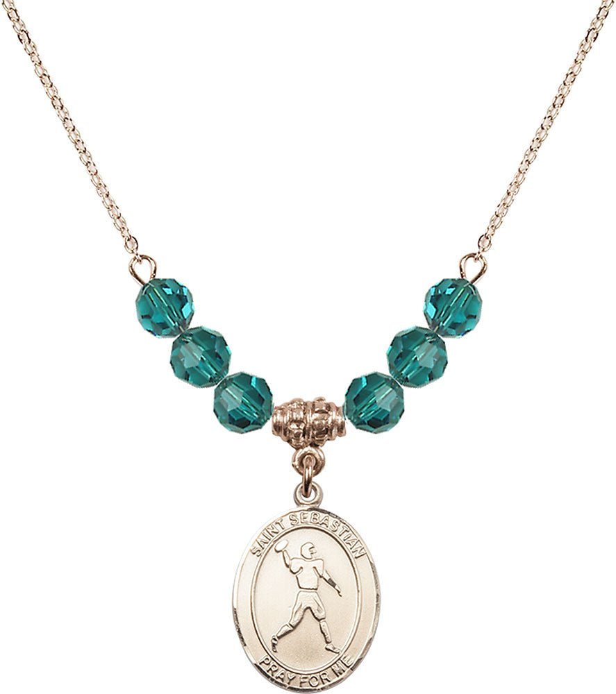 14kt Gold Filled Saint Sebastian/Football Birthstone Necklace with Zircon Beads - 8161
