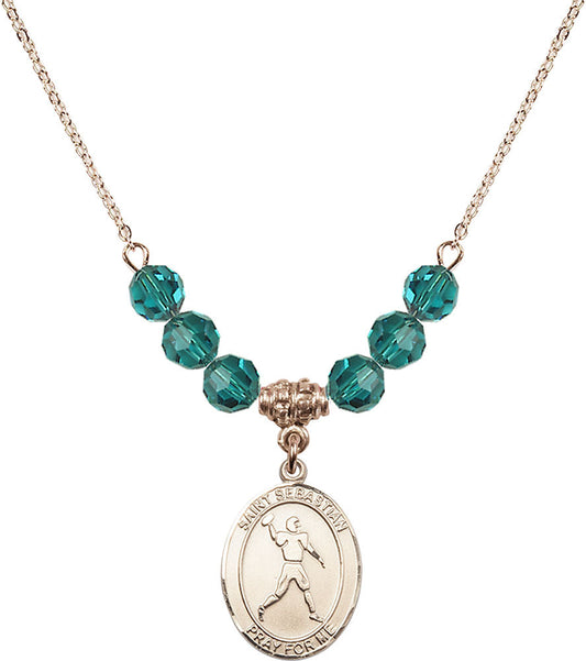 14kt Gold Filled Saint Sebastian/Football Birthstone Necklace with Zircon Beads - 8161