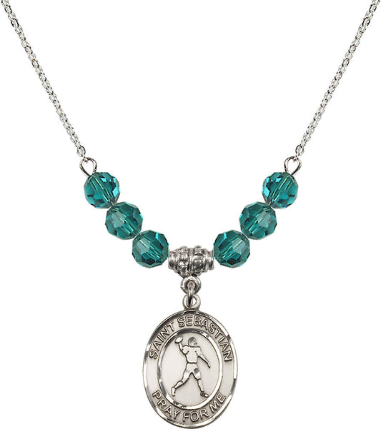 Sterling Silver Saint Sebastian/Football Birthstone Necklace with Zircon Beads - 8161