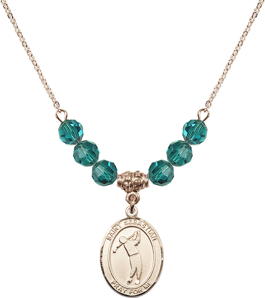 14kt Gold Filled Saint Sebastian/Golf Birthstone Necklace with Zircon Beads - 8162