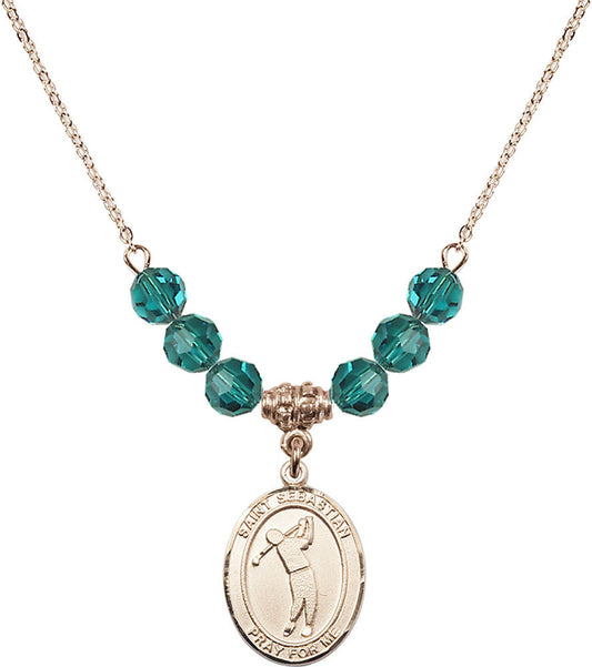 14kt Gold Filled Saint Sebastian/Golf Birthstone Necklace with Zircon Beads - 8162