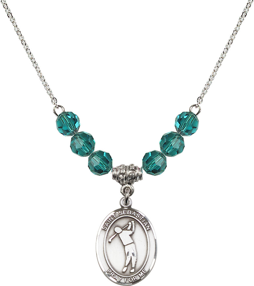 Sterling Silver Saint Sebastian/Golf Birthstone Necklace with Zircon Beads - 8162