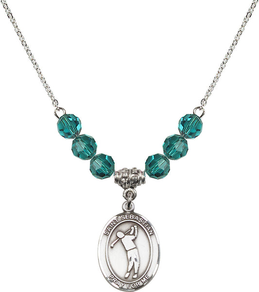 Sterling Silver Saint Sebastian/Golf Birthstone Necklace with Zircon Beads - 8162