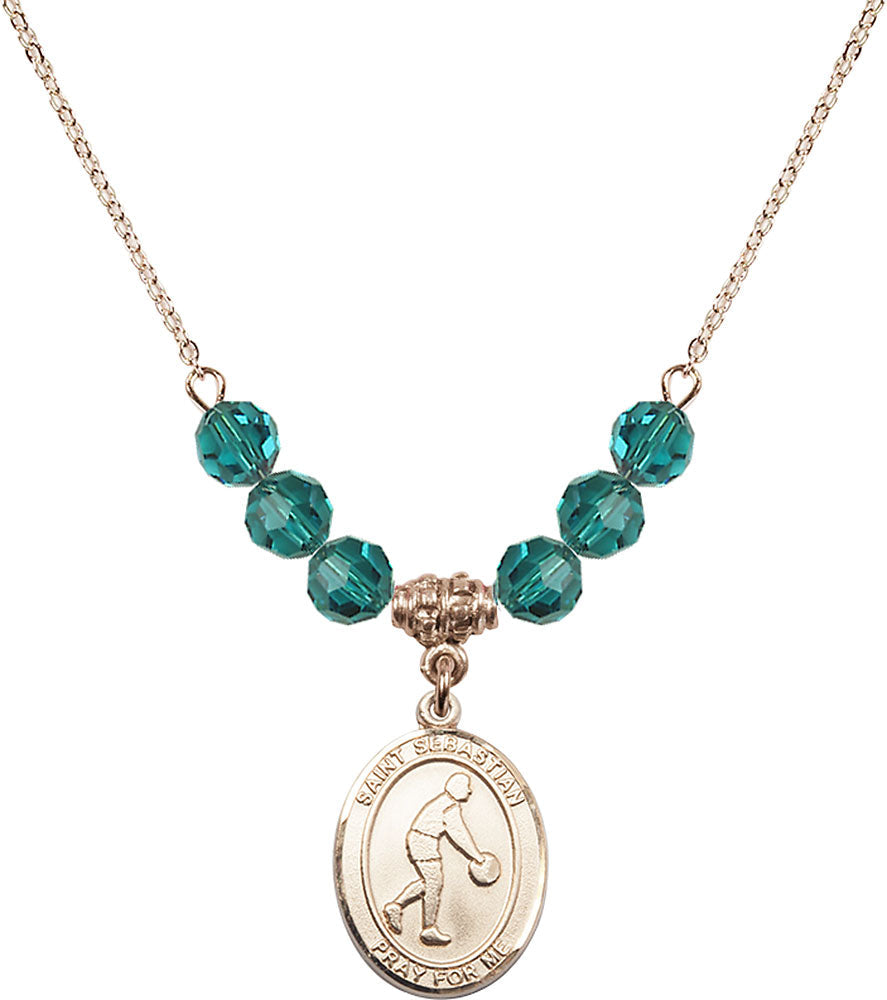 14kt Gold Filled Saint Sebastian/Basketball Birthstone Necklace with Zircon Beads - 8163