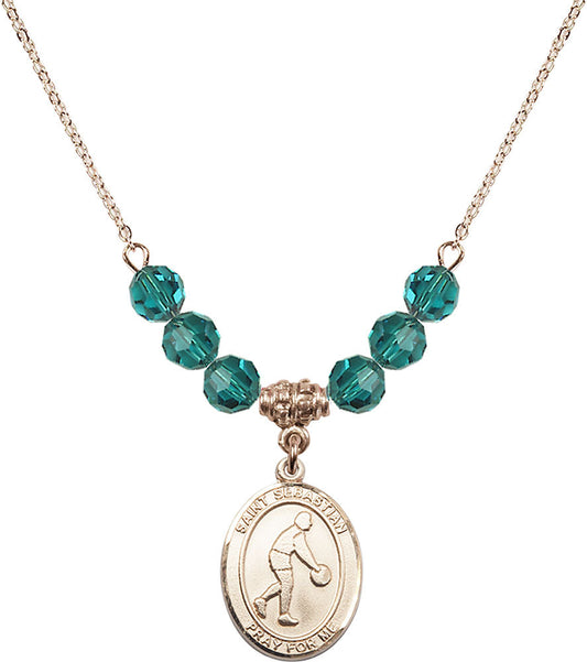 14kt Gold Filled Saint Sebastian/Basketball Birthstone Necklace with Zircon Beads - 8163