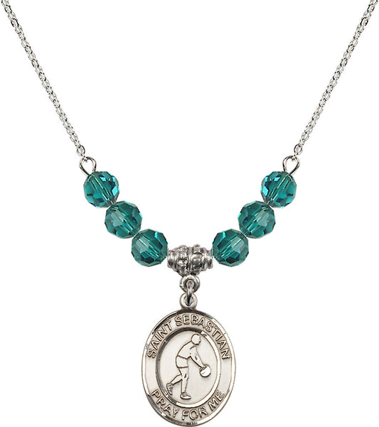 Sterling Silver Saint Sebastian/Basketball Birthstone Necklace with Zircon Beads - 8163