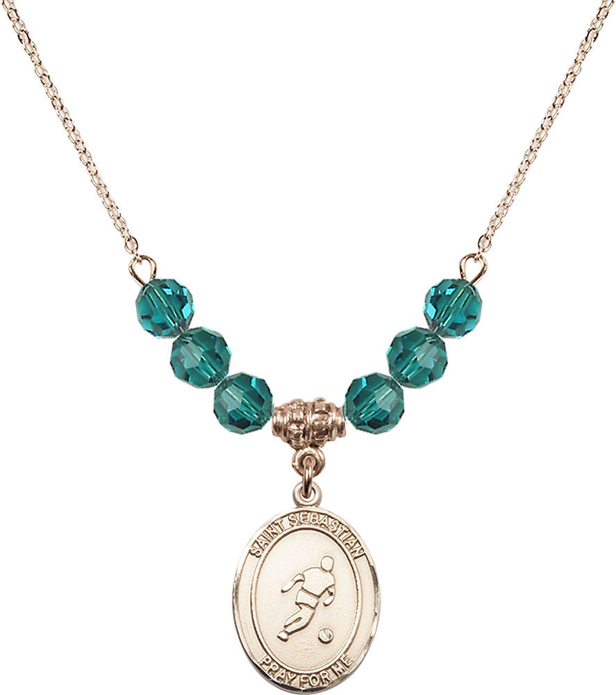 14kt Gold Filled Saint Sebastian/Soccer Birthstone Necklace with Zircon Beads - 8164