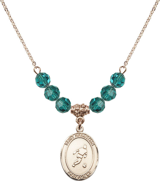 14kt Gold Filled Saint Sebastian/Soccer Birthstone Necklace with Zircon Beads - 8164