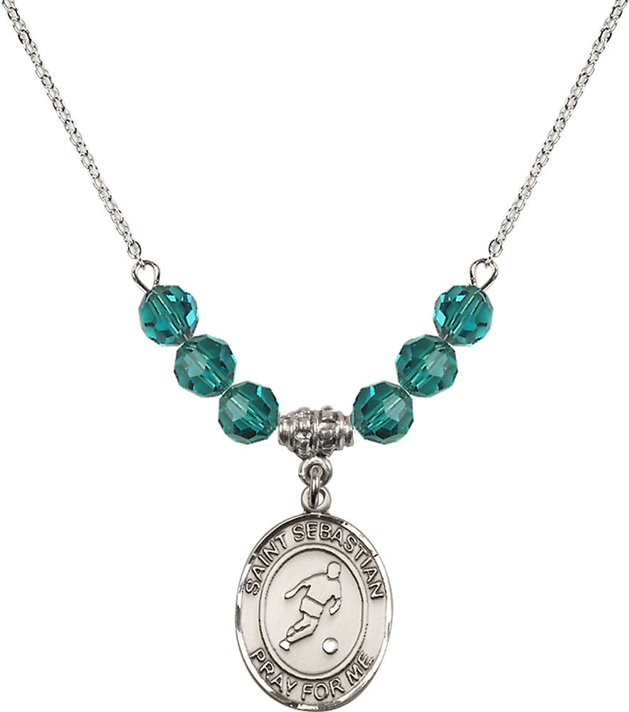 Sterling Silver Saint Sebastian/Soccer Birthstone Necklace with Zircon Beads - 8164
