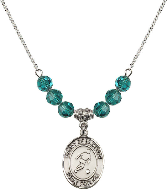 Sterling Silver Saint Sebastian/Soccer Birthstone Necklace with Zircon Beads - 8164
