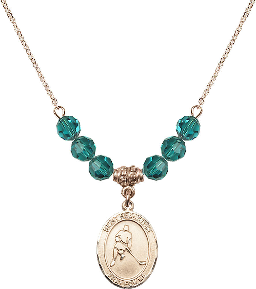 14kt Gold Filled Saint Sebastian/Ice Hockey Birthstone Necklace with Zircon Beads - 8165