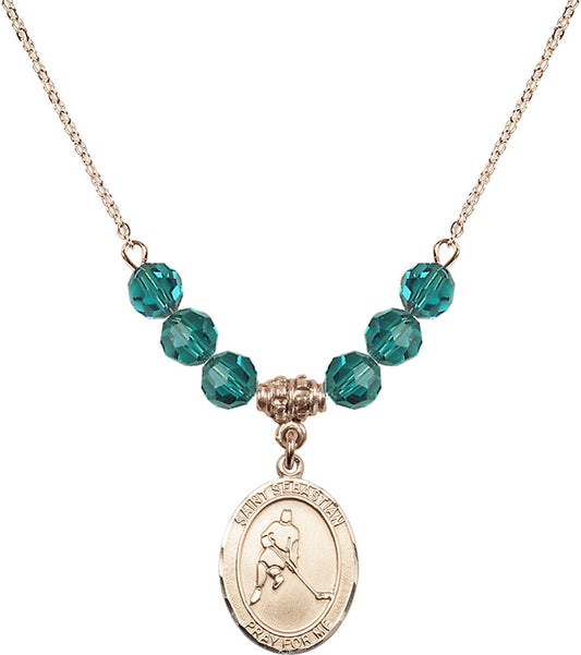 14kt Gold Filled Saint Sebastian/Ice Hockey Birthstone Necklace with Zircon Beads - 8165