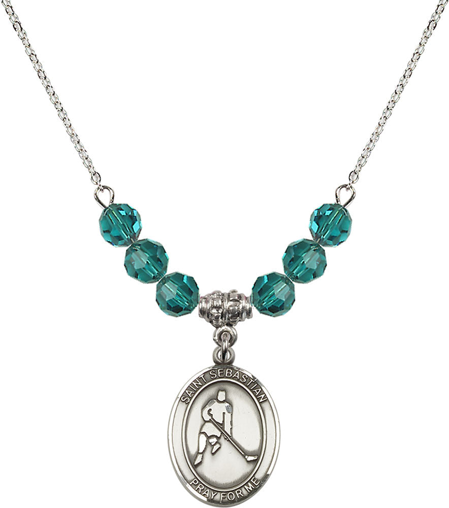 Sterling Silver Saint Sebastian/Ice Hockey Birthstone Necklace with Zircon Beads - 8165