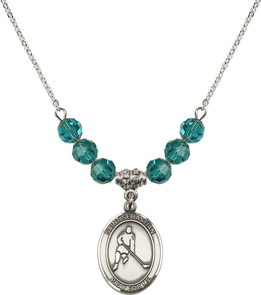 Sterling Silver Saint Sebastian/Ice Hockey Birthstone Necklace with Zircon Beads - 8165