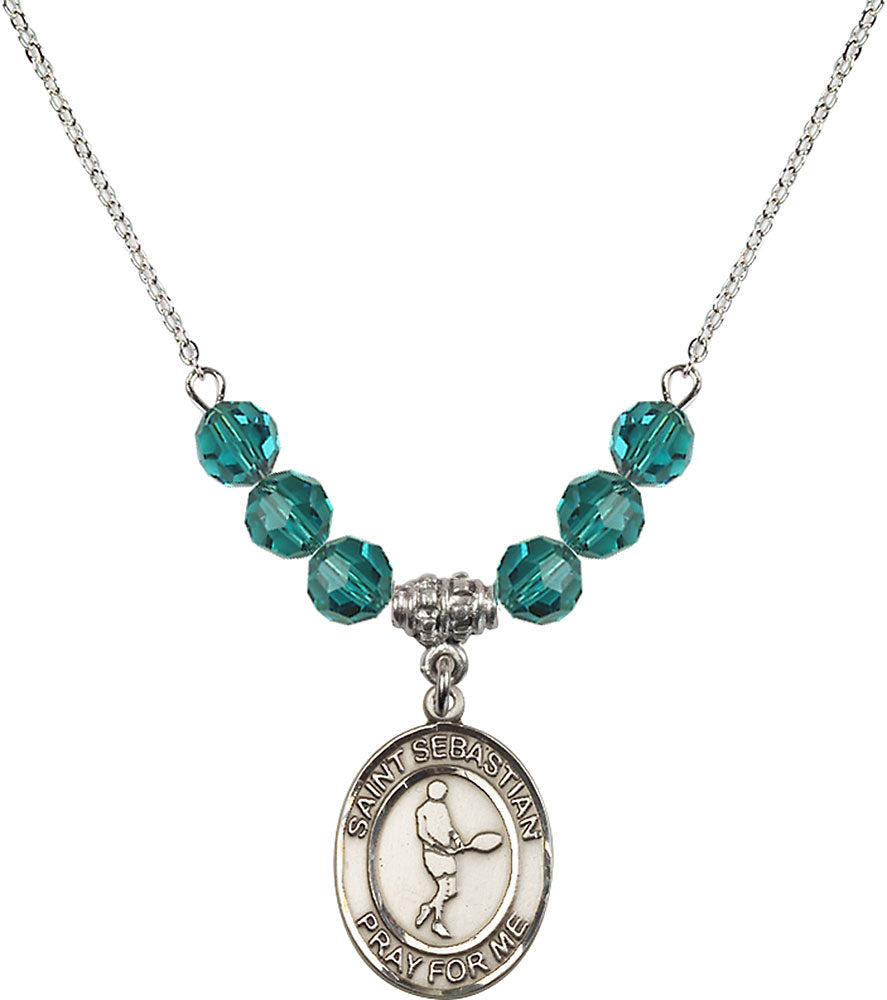 Sterling Silver Saint Sebastian/Tennis Birthstone Necklace with Zircon Beads - 8166