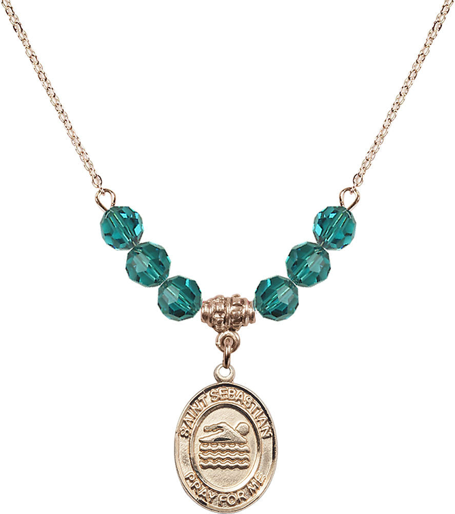 14kt Gold Filled Saint Sebastian/Swimming Birthstone Necklace with Zircon Beads - 8167