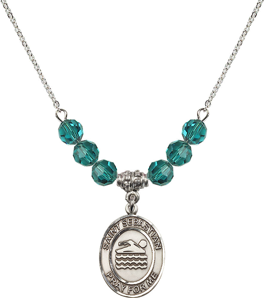 Sterling Silver Saint Sebastian/Swimming Birthstone Necklace with Zircon Beads - 8167