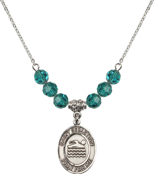 Sterling Silver Saint Sebastian/Swimming Birthstone Necklace with Zircon Beads - 8167