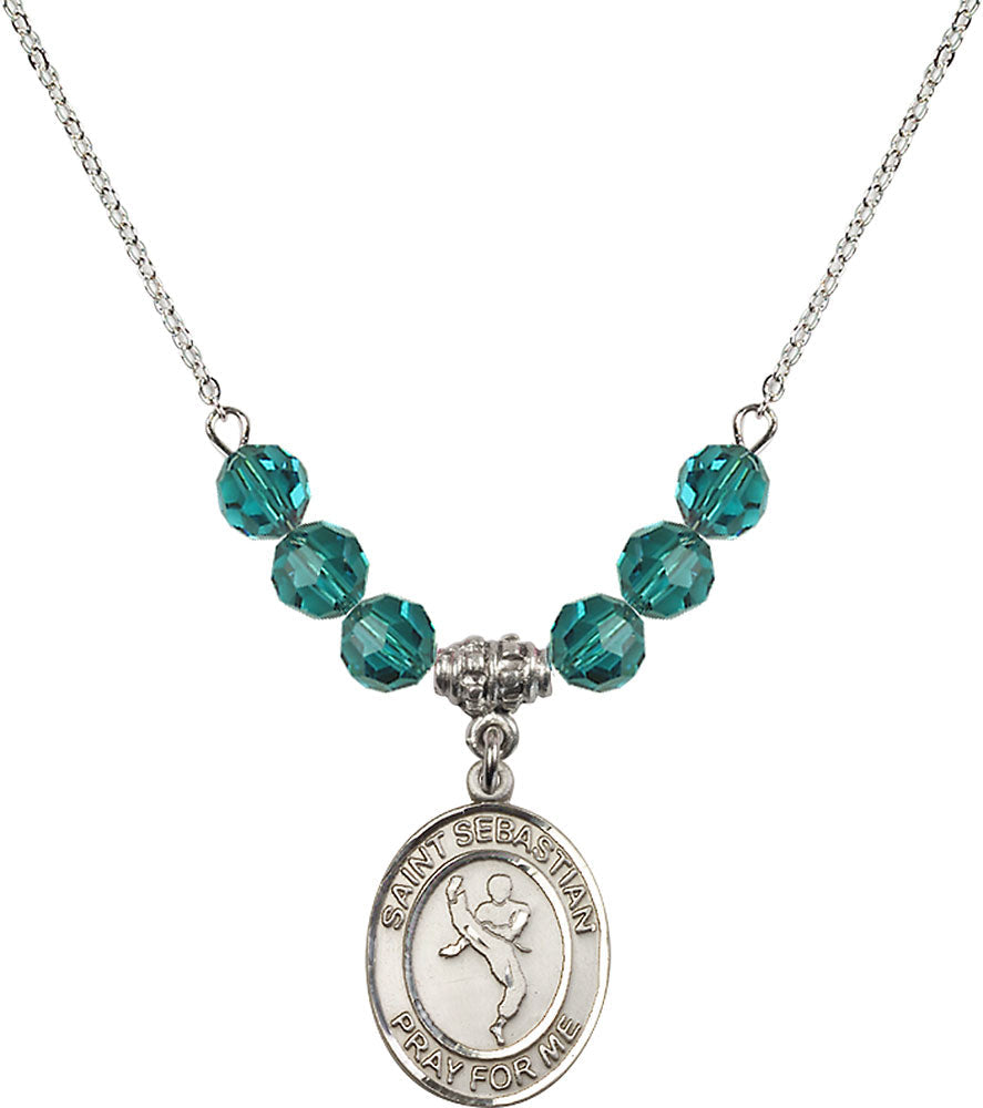Sterling Silver Saint Sebastian/Martial Arts Birthstone Necklace with Zircon Beads - 8168