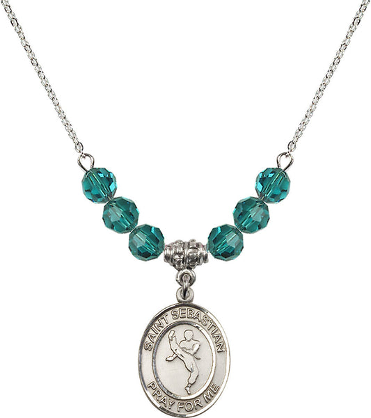 Sterling Silver Saint Sebastian/Martial Arts Birthstone Necklace with Zircon Beads - 8168