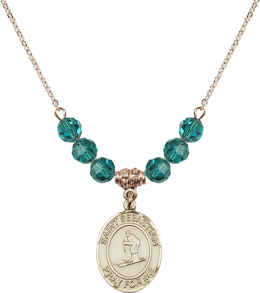 14kt Gold Filled Saint Sebastian/Skiing Birthstone Necklace with Zircon Beads - 8169