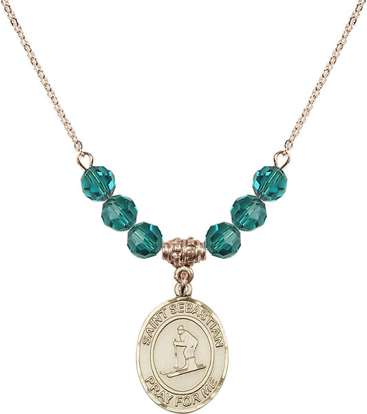 14kt Gold Filled Saint Sebastian/Skiing Birthstone Necklace with Zircon Beads - 8169