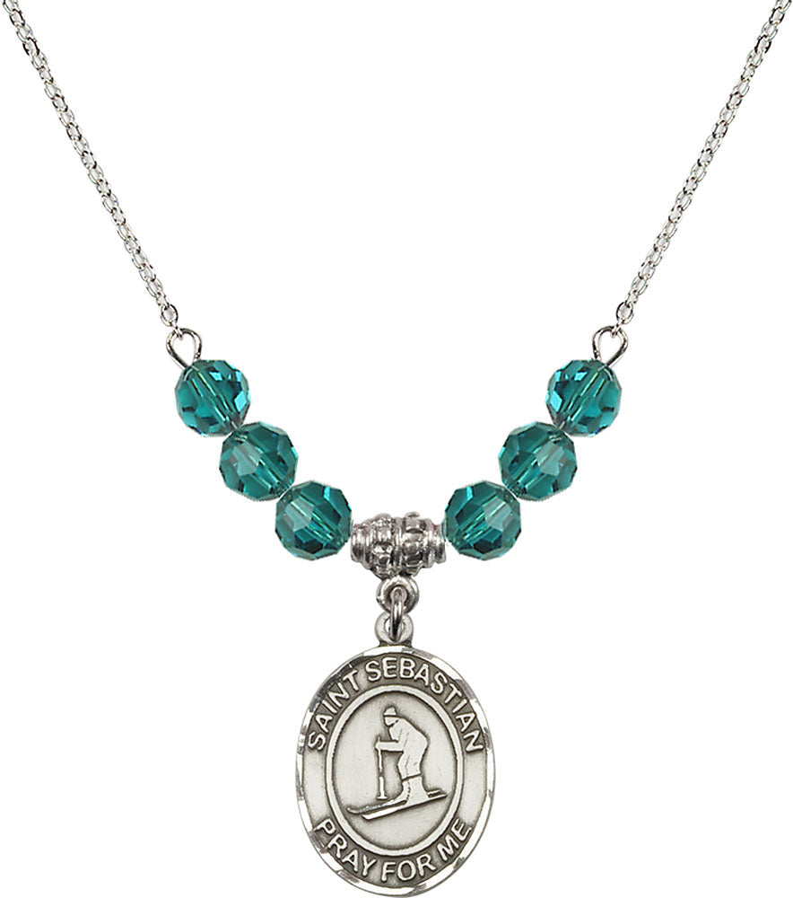 Sterling Silver Saint Sebastian/Skiing Birthstone Necklace with Zircon Beads - 8169