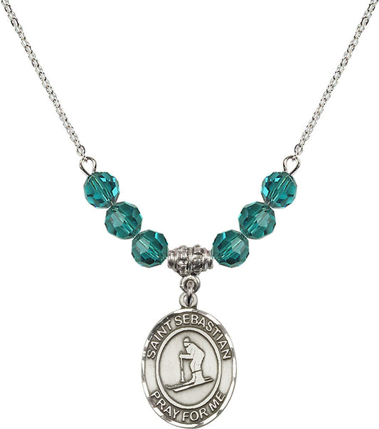 Sterling Silver Saint Sebastian/Skiing Birthstone Necklace with Zircon Beads - 8169