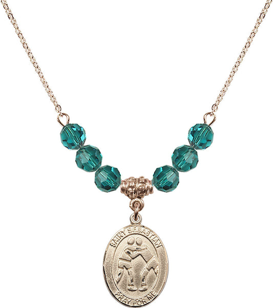 14kt Gold Filled Saint Sebastian/Wrestling Birthstone Necklace with Zircon Beads - 8171