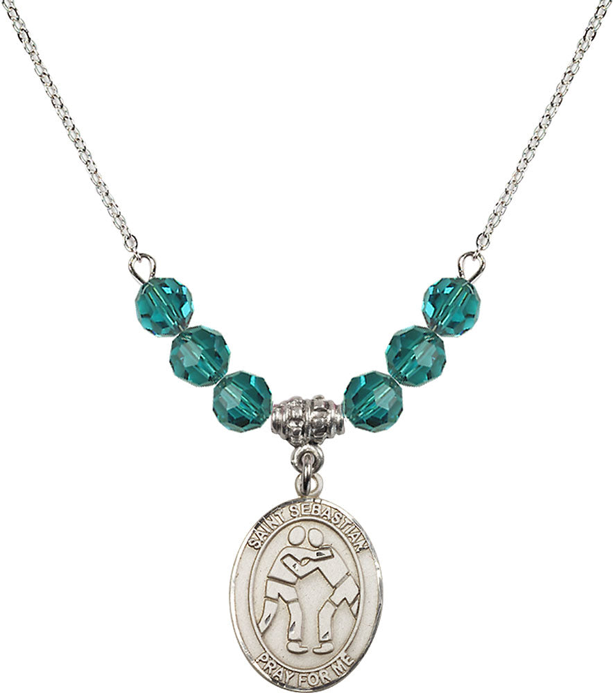 Sterling Silver Saint Sebastian/Wrestling Birthstone Necklace with Zircon Beads - 8171