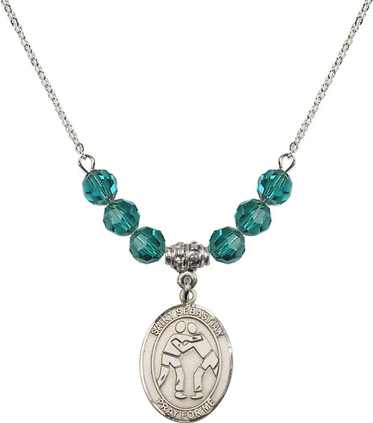 Sterling Silver Saint Sebastian/Wrestling Birthstone Necklace with Zircon Beads - 8171