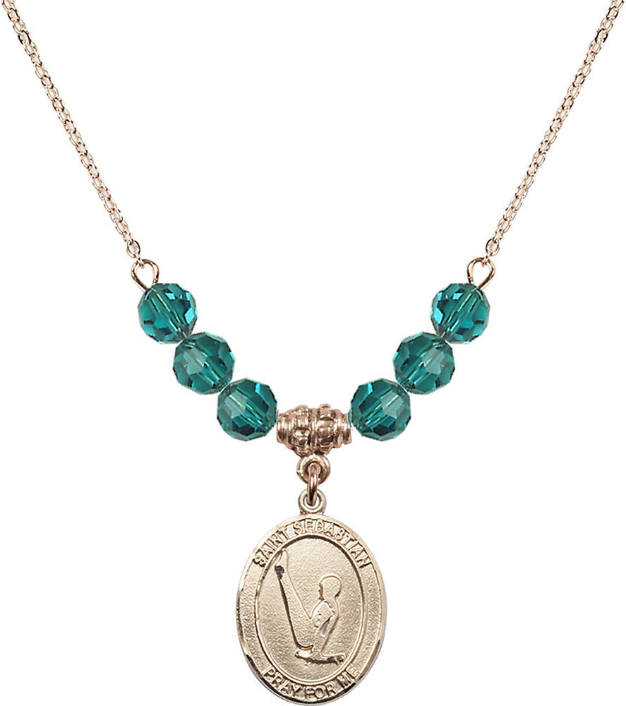 14kt Gold Filled Saint Sebastian/Gymnastics Birthstone Necklace with Zircon Beads - 8172