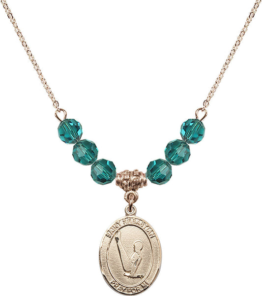 14kt Gold Filled Saint Sebastian/Gymnastics Birthstone Necklace with Zircon Beads - 8172