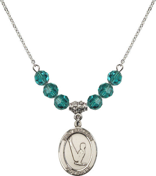 Sterling Silver Saint Sebastian/Gymnastics Birthstone Necklace with Zircon Beads - 8172