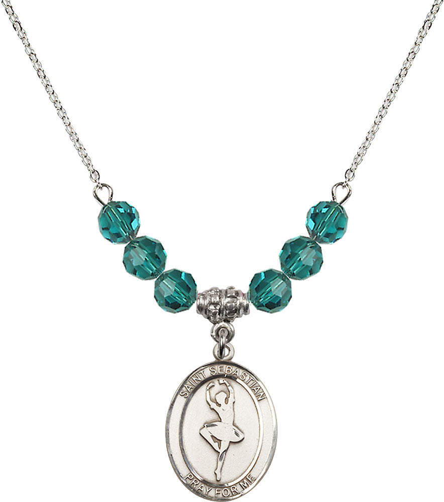 Sterling Silver Saint Sebastian/Dance Birthstone Necklace with Zircon Beads - 8173