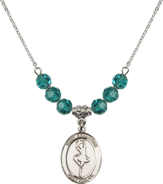 Sterling Silver Saint Sebastian/Dance Birthstone Necklace with Zircon Beads - 8173