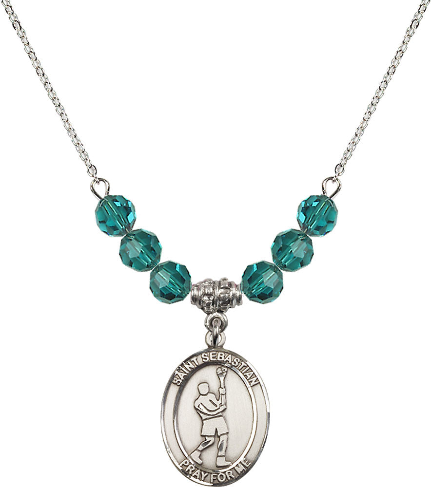 Sterling Silver Saint Sebastian/Lacrosse Birthstone Necklace with Zircon Beads - 8174