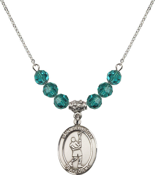 Sterling Silver Saint Sebastian/Lacrosse Birthstone Necklace with Zircon Beads - 8174