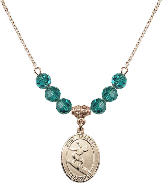 14kt Gold Filled Saint Sebastian/Surfing Birthstone Necklace with Zircon Beads - 8175