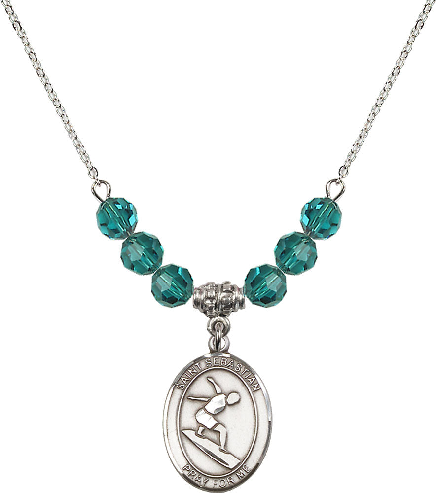 Sterling Silver Saint Sebastian/Surfing Birthstone Necklace with Zircon Beads - 8175
