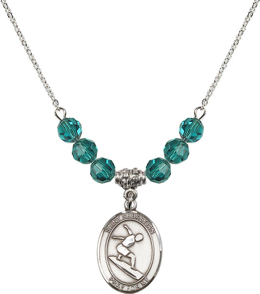 Sterling Silver Saint Sebastian/Surfing Birthstone Necklace with Zircon Beads - 8175