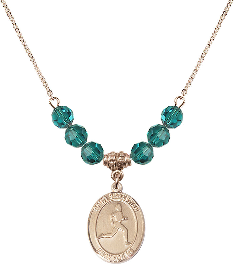 14kt Gold Filled Saint Sebastian/Track & Field Birthstone Necklace with Zircon Beads - 8176