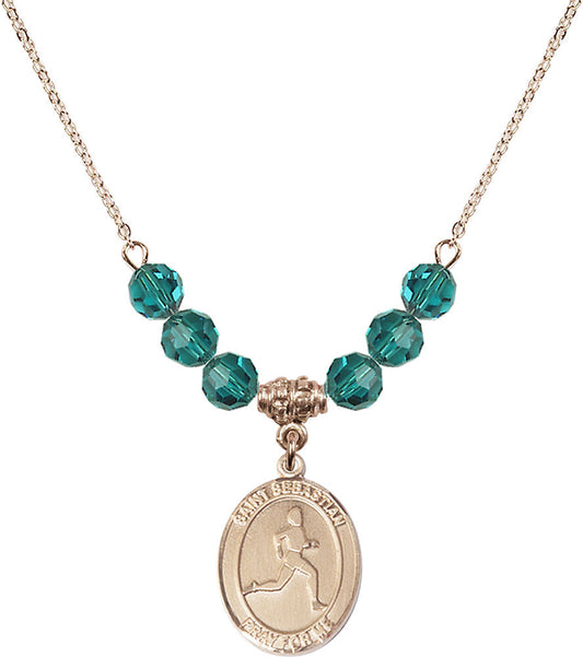 14kt Gold Filled Saint Sebastian/Track & Field Birthstone Necklace with Zircon Beads - 8176