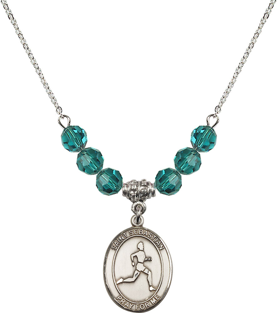 Sterling Silver Saint Sebastian/Track & Field Birthstone Necklace with Zircon Beads - 8176