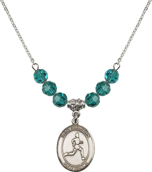 Sterling Silver Saint Sebastian/Track & Field Birthstone Necklace with Zircon Beads - 8176