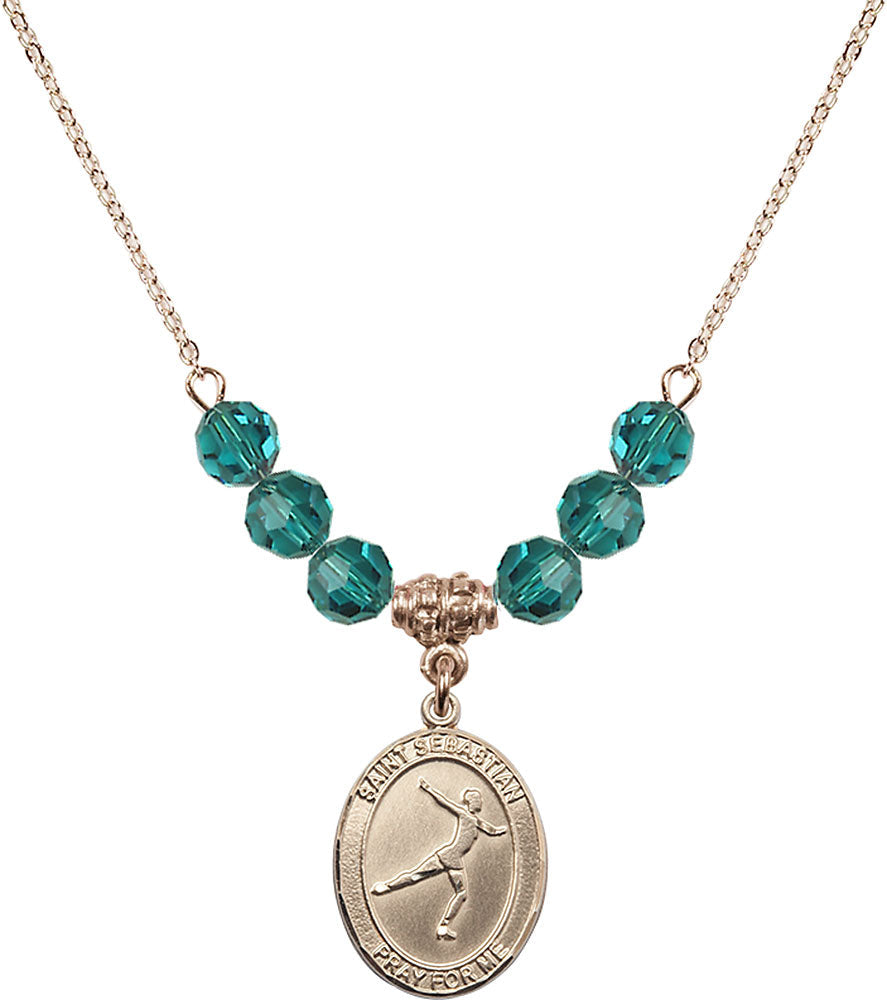 14kt Gold Filled Saint Sebastian/Figure Skating Birthstone Necklace with Zircon Beads - 8177