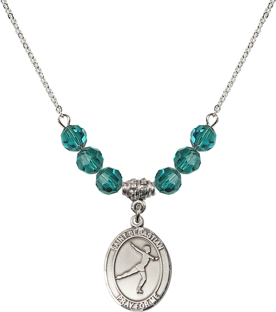 Sterling Silver Saint Sebastian/Figure Skating Birthstone Necklace with Zircon Beads - 8177