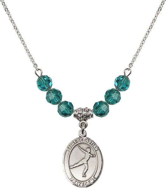 Sterling Silver Saint Sebastian/Figure Skating Birthstone Necklace with Zircon Beads - 8177