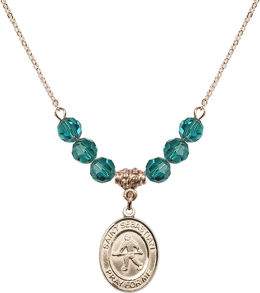 14kt Gold Filled Saint Sebastian/Field Hockey Birthstone Necklace with Zircon Beads - 8178